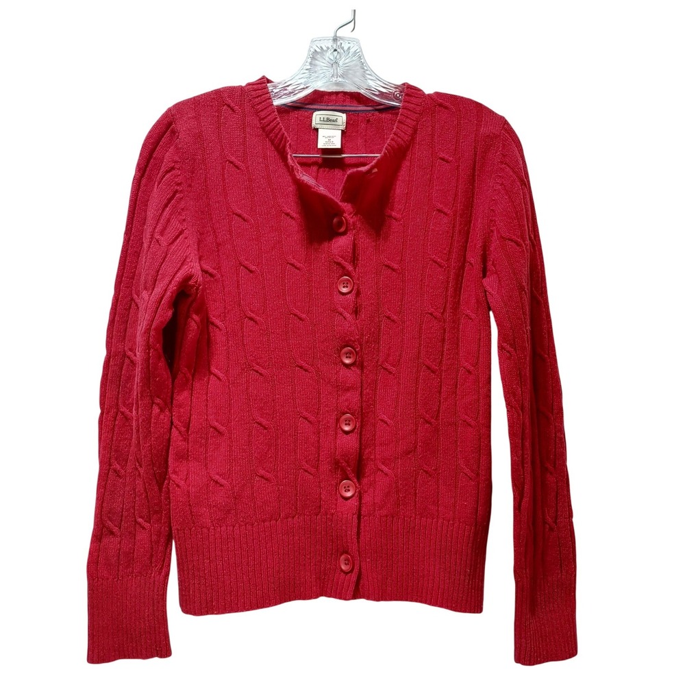 LL Bean Womens M Cable Knit Cardigan Red Wool Blend Sweater Preppy Academia